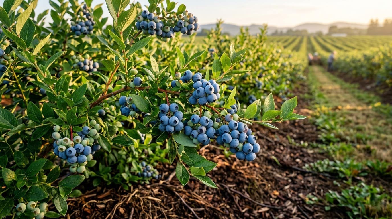 Arbustos de arándanos cargados de fruta madura y pruina natural.