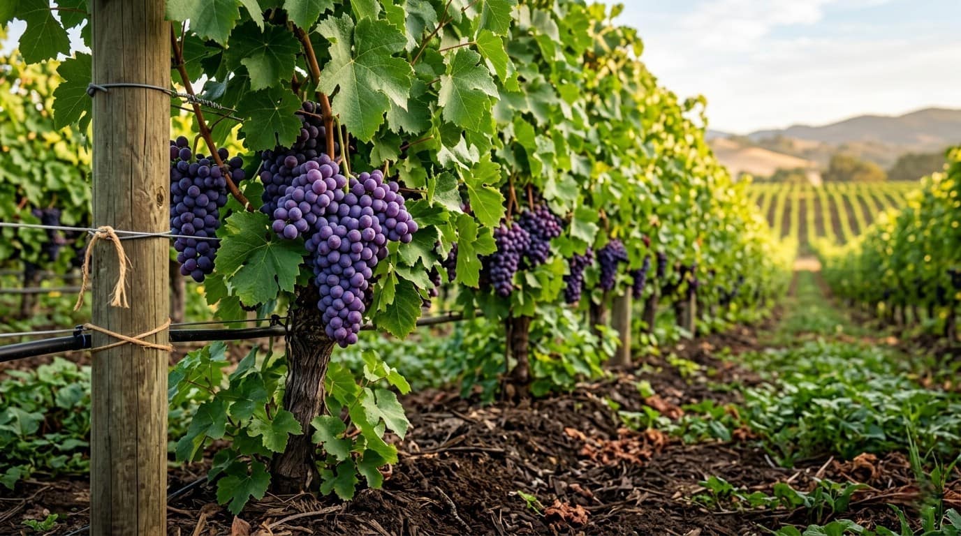 Racimos de uva de mesa con nutrición vegetal orgánica premium.
