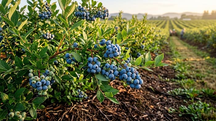 Arbustos de arándanos cargados de fruta madura y pruina natural.