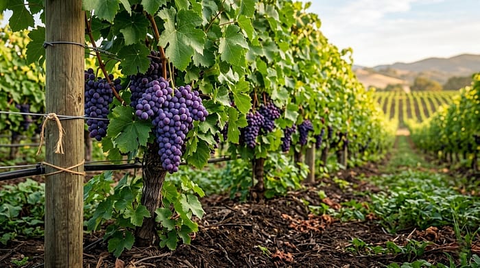 Racimos de uva de mesa con nutrición vegetal orgánica premium.